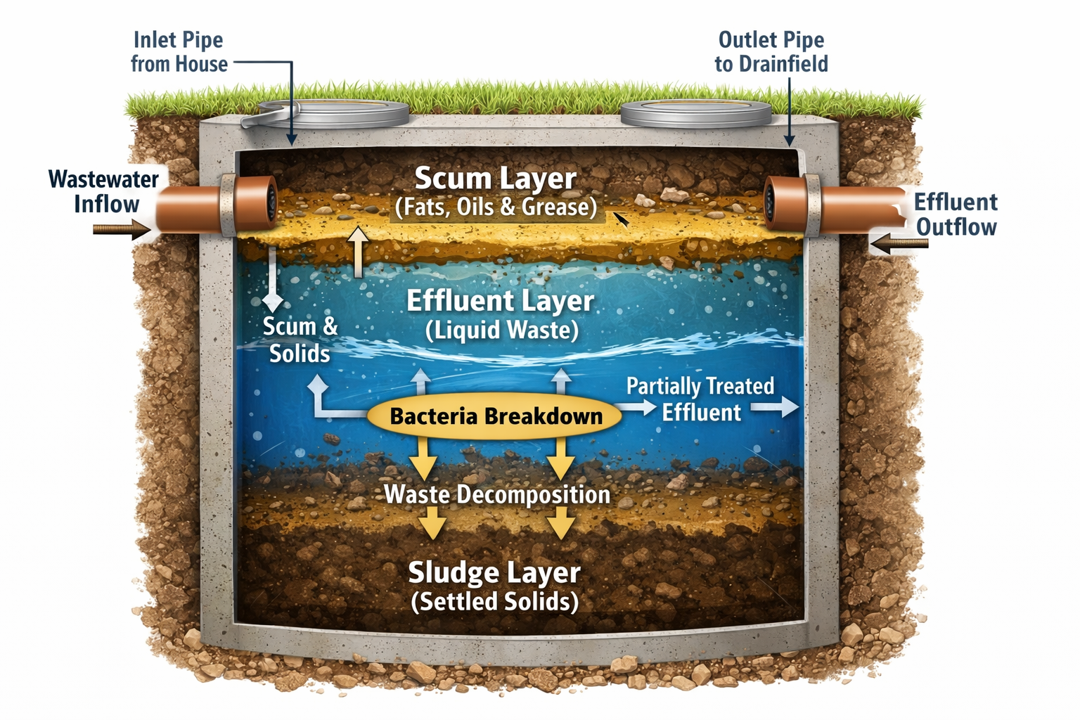 Portrait format (1024x1536) detailed cutaway diagram of septic tank showing three distinct layers - scum layer at top, effluent in middle, s