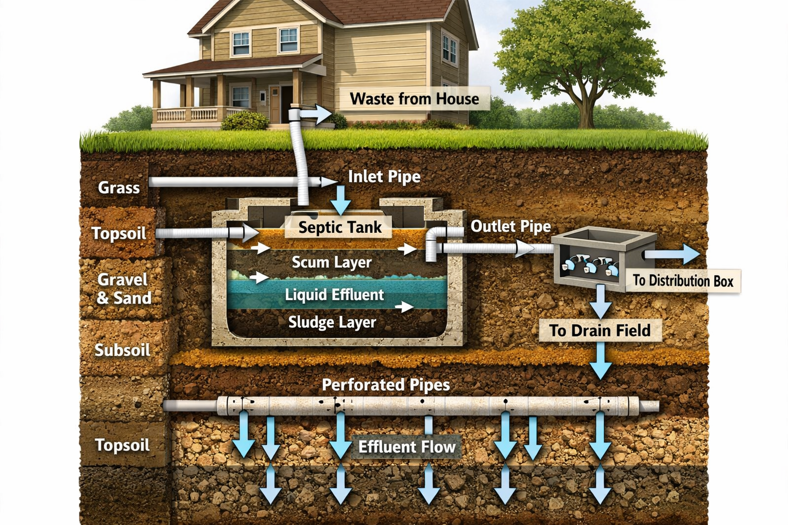 Portrait format (1024x1536) underground cross-section view showing complete septic system workflow from house to drain field. Waste flowing 