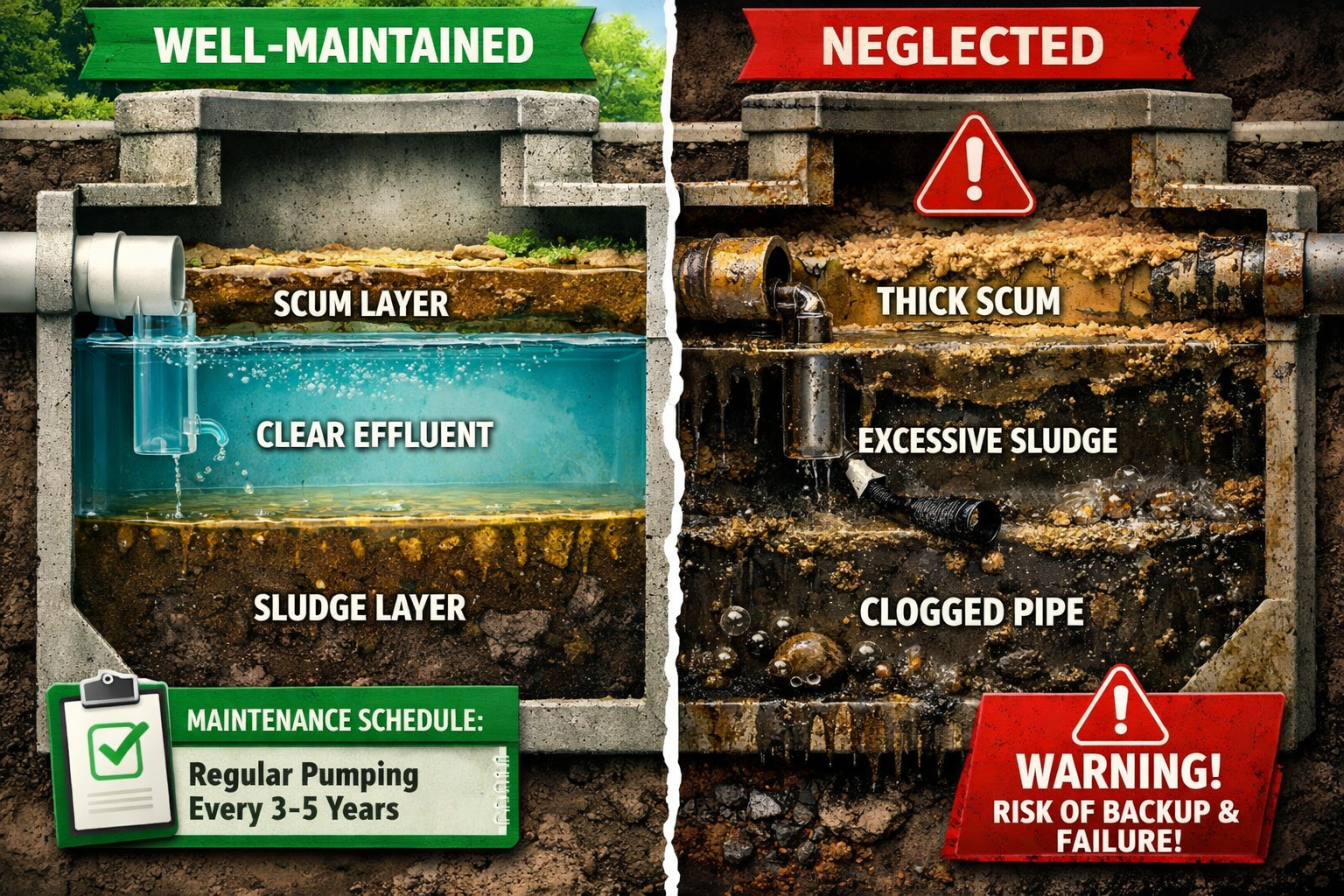 Portrait format (1024x1536) split-screen comparison showing well-maintained vs. neglected septic tank interiors. Left side: clean tank with 