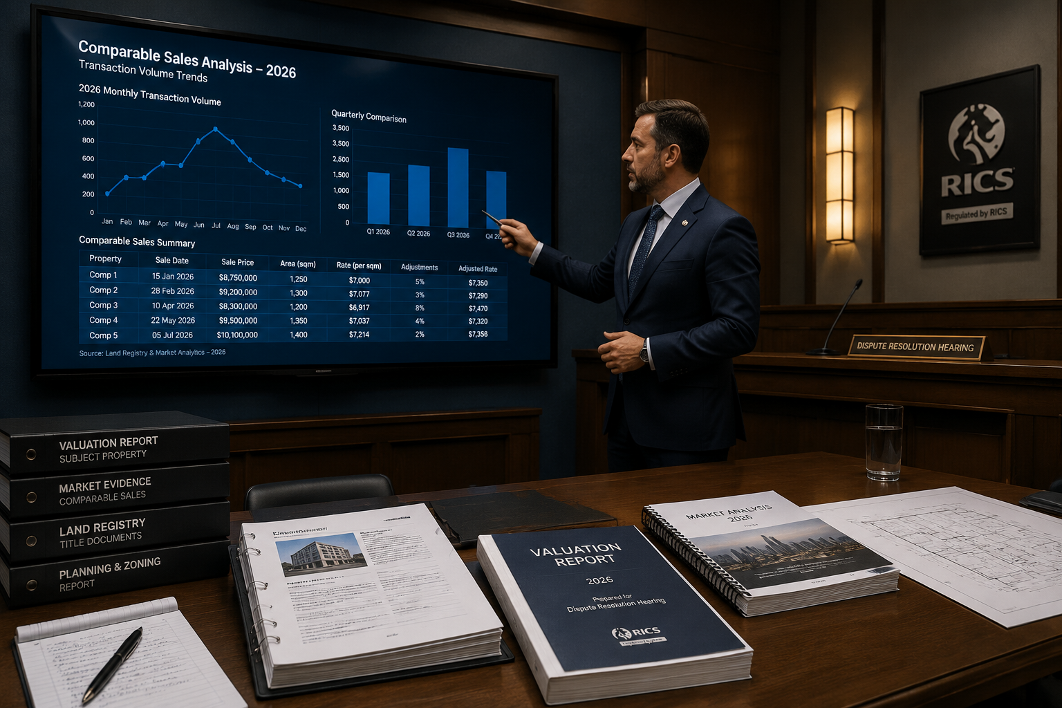 Wide-angle editorial photograph of a RICS-accredited chartered surveyor in formal attire presenting comparable sales data on