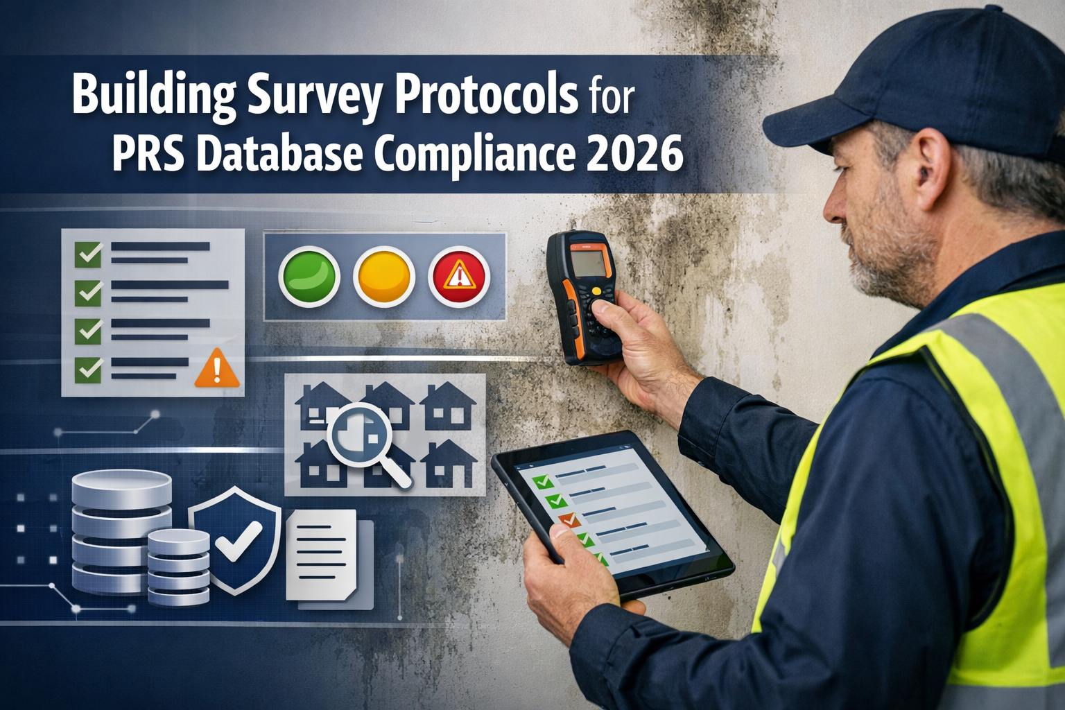 Professional () hero image with : 'Building Survey Protocols for PRS Database Compliance 2026' in extra large white with