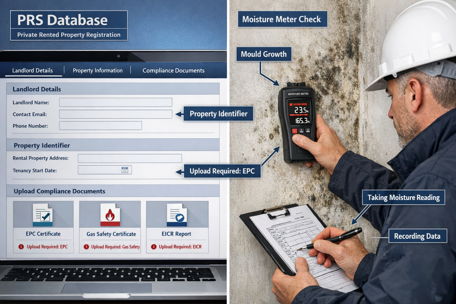 Detailed () image showing split-screen composition: left side displays official PRS Database digital registration interface