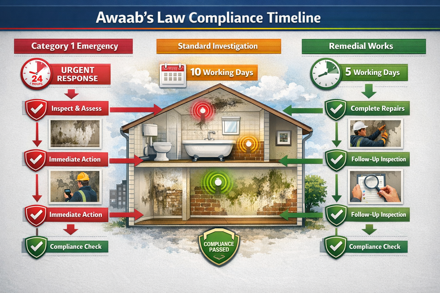 Detailed () technical infographic showing Awaab's Law timeline compliance flowchart with three distinct pathways: Category 1