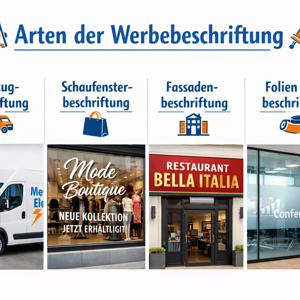 () infographic-style illustration showing four types of Werbebeschriftung side by side: Fahrzeugbeschriftung on a