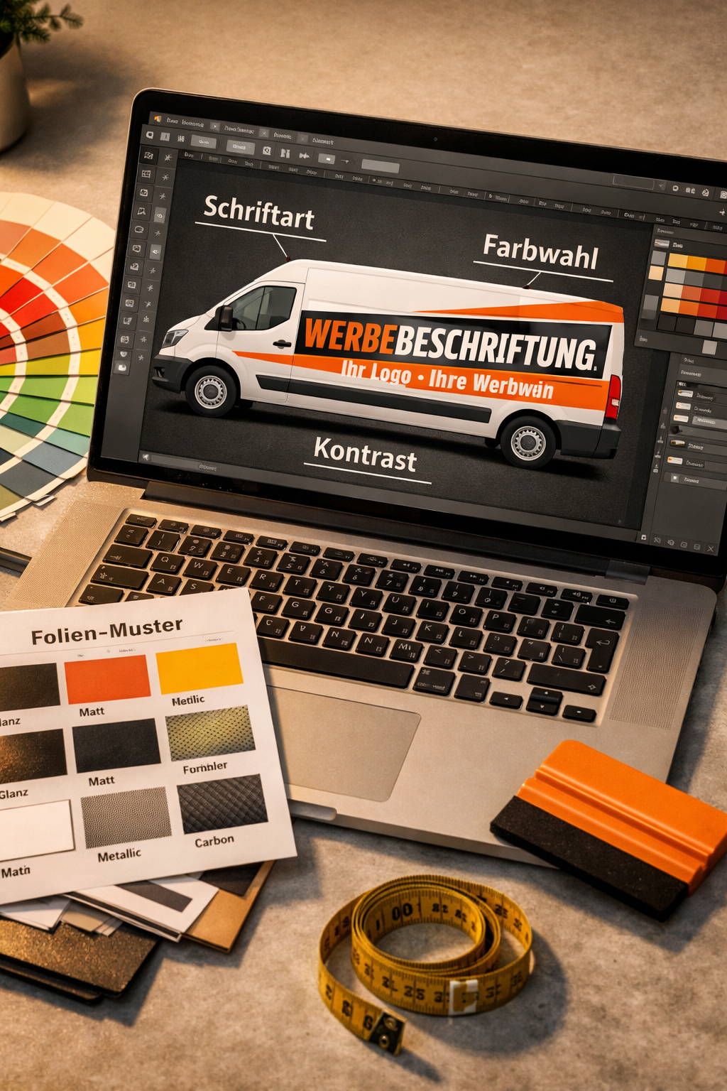 () close-up overhead shot of a professional design workspace showing a laptop screen with a Werbebeschriftung vector layout
