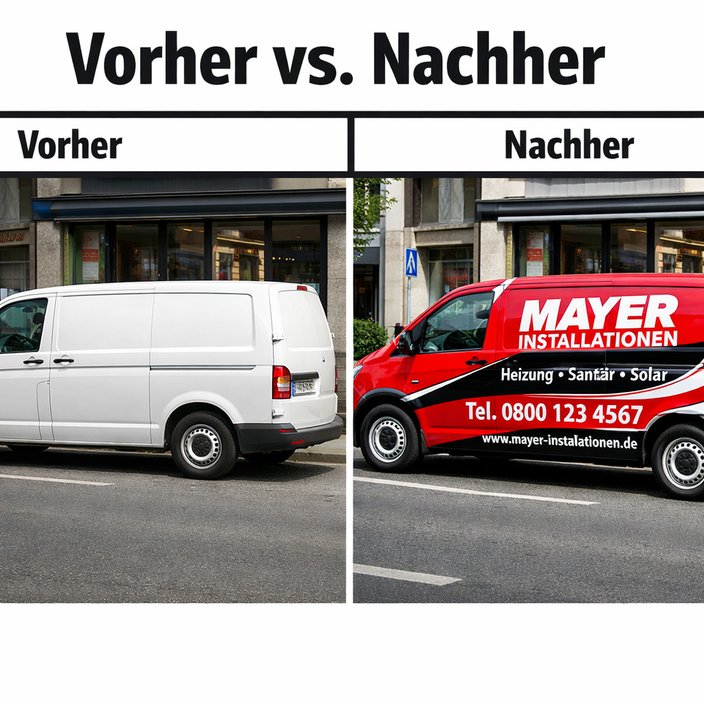 () split-screen comparison image: left side shows a plain unmarked white Transporter parked on a German street with no