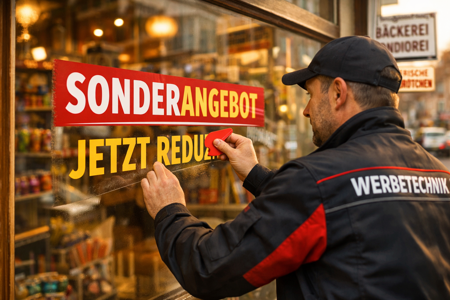 () wide-angle photo of a professional Werbetechniker in branded workwear carefully applying a large vinyl Werbebeschriftung