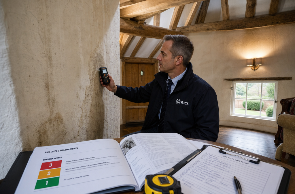 Detailed () image showing a RICS chartered surveyor in professional attire conducting a Level 3 Building Survey inside a