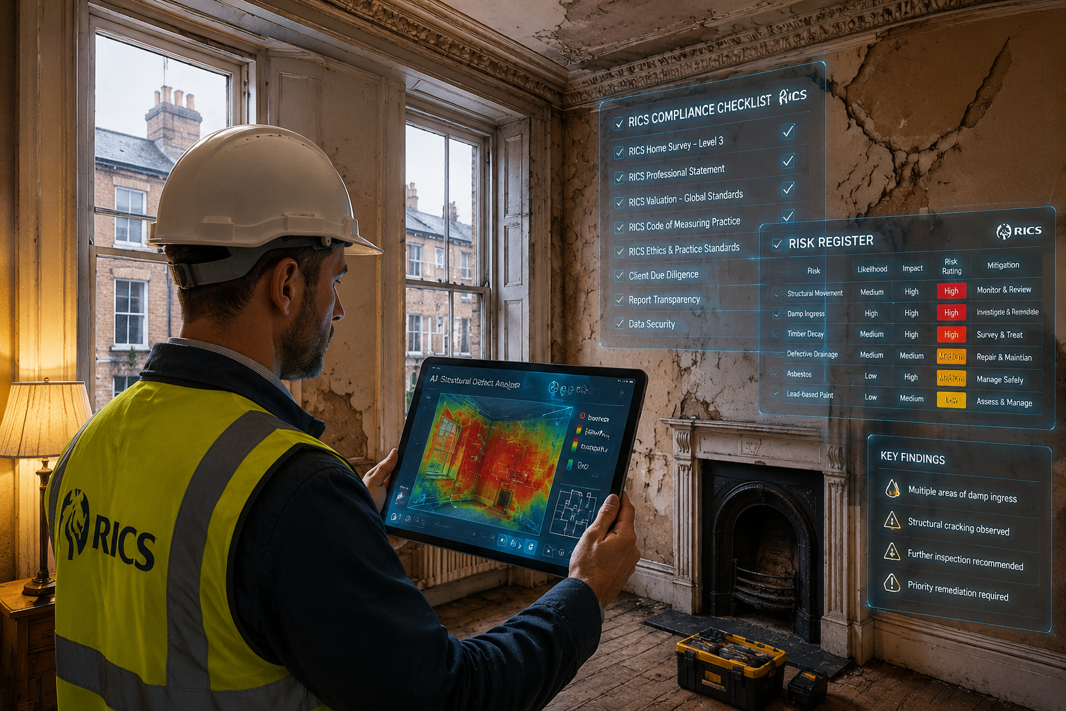 Wide-angle editorial photograph of a professional building surveyor standing inside a Victorian-era London property, holding