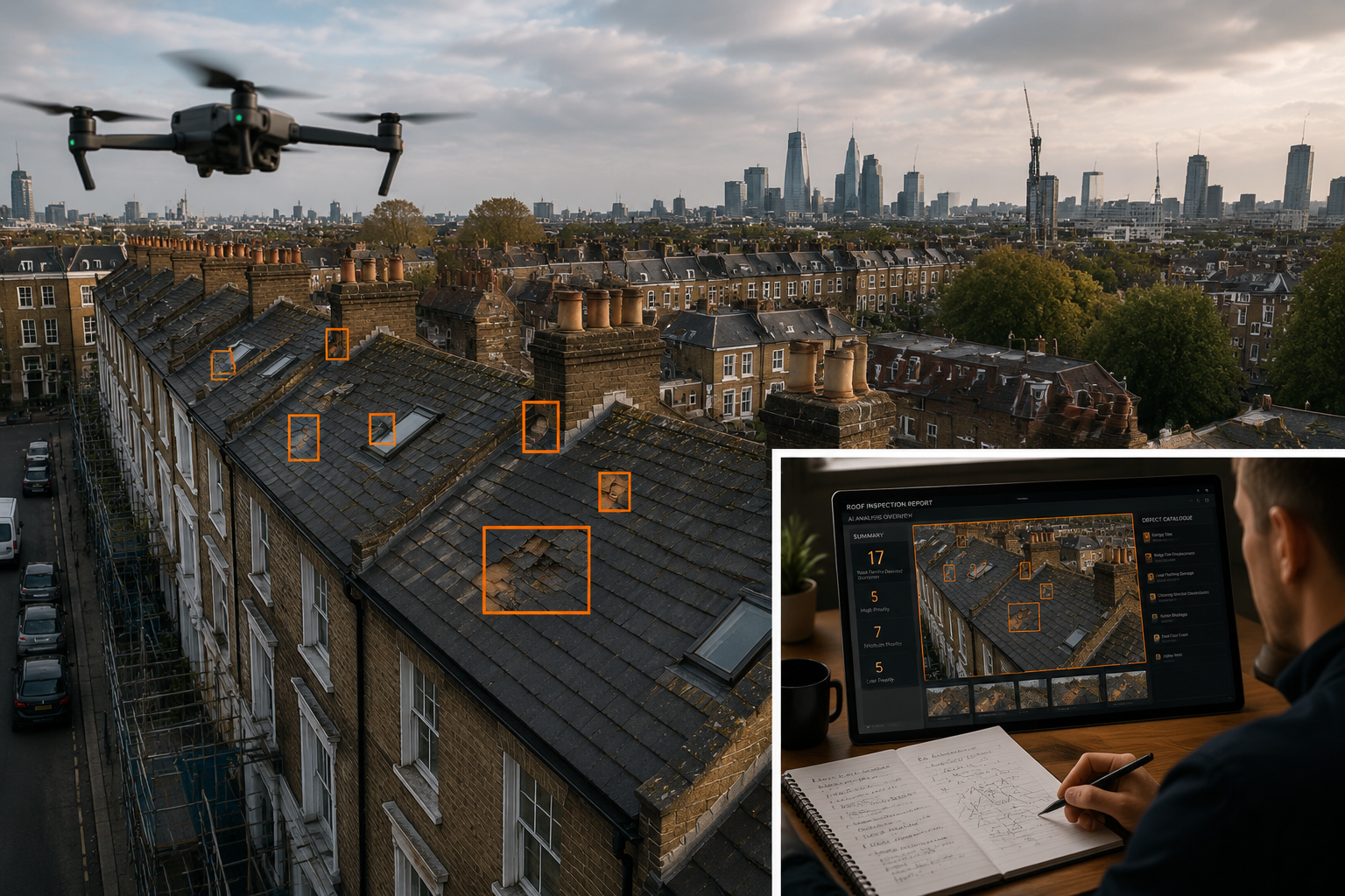 Dramatic bird's-eye perspective photograph of a drone conducting a roof survey over a London terrace of period properties,