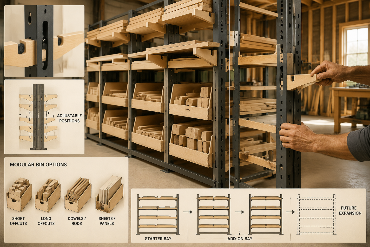 A detailed, eye-level view of a modular wood storage system's foundational components, showcasing interlinking vertical