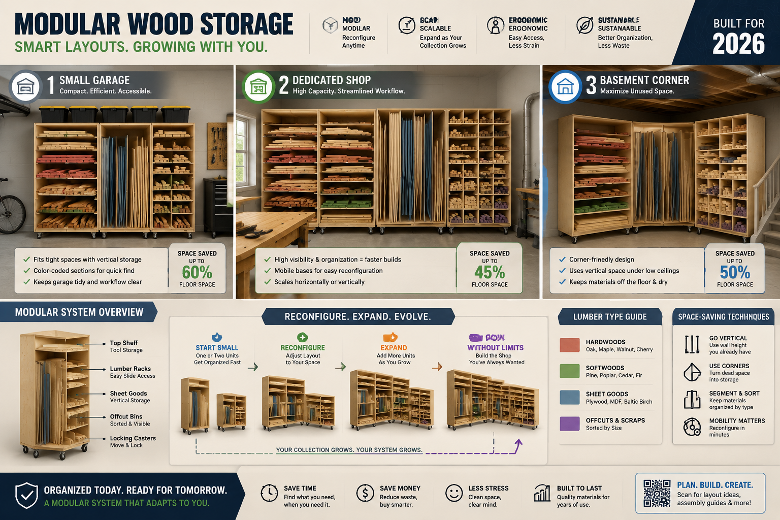 A comprehensive infographic-style image depicting various modular wood storage configurations within different workshop
