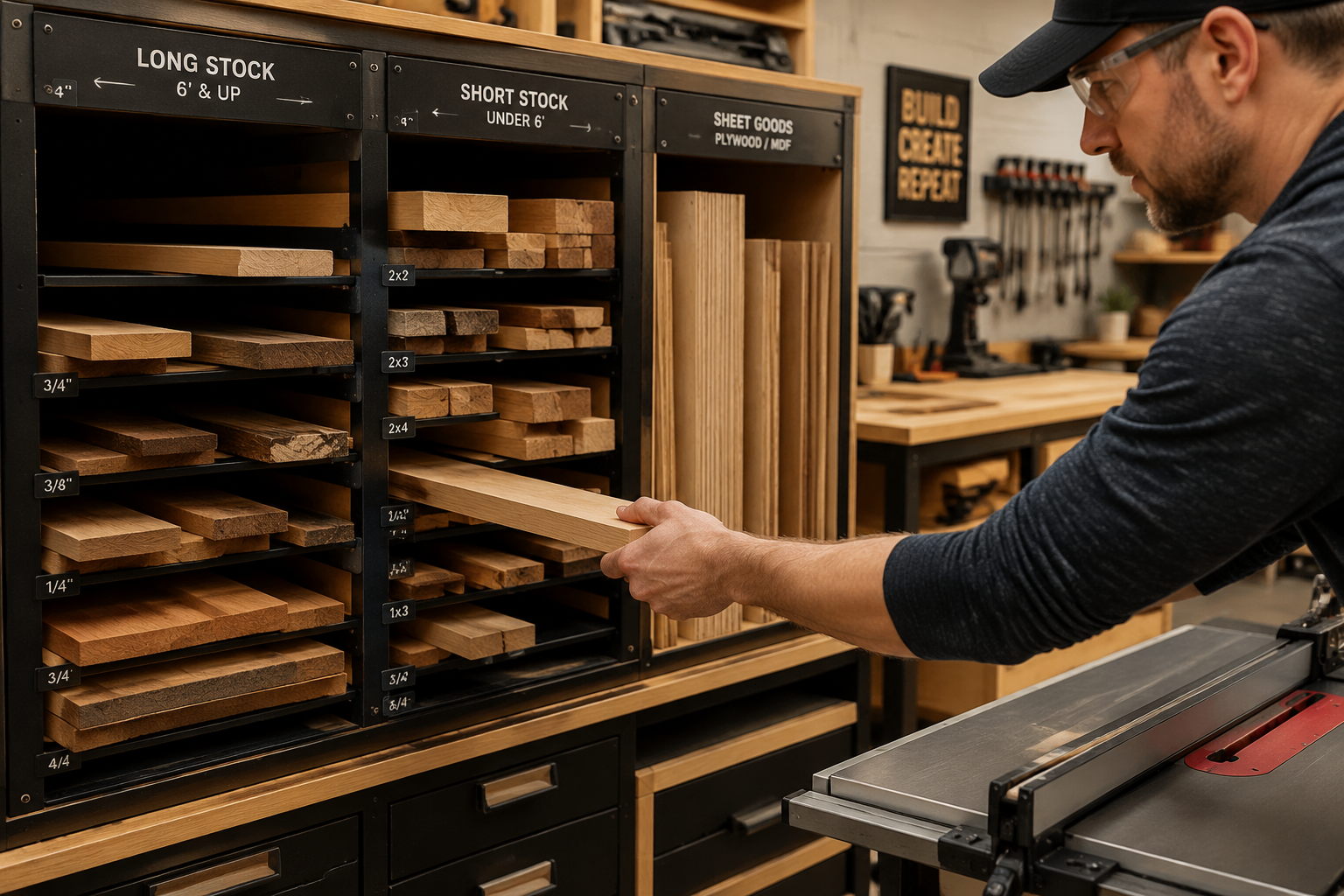 A close-up, dynamic shot of a woodworker actively using a well-designed modular wood storage system, pulling out a specific