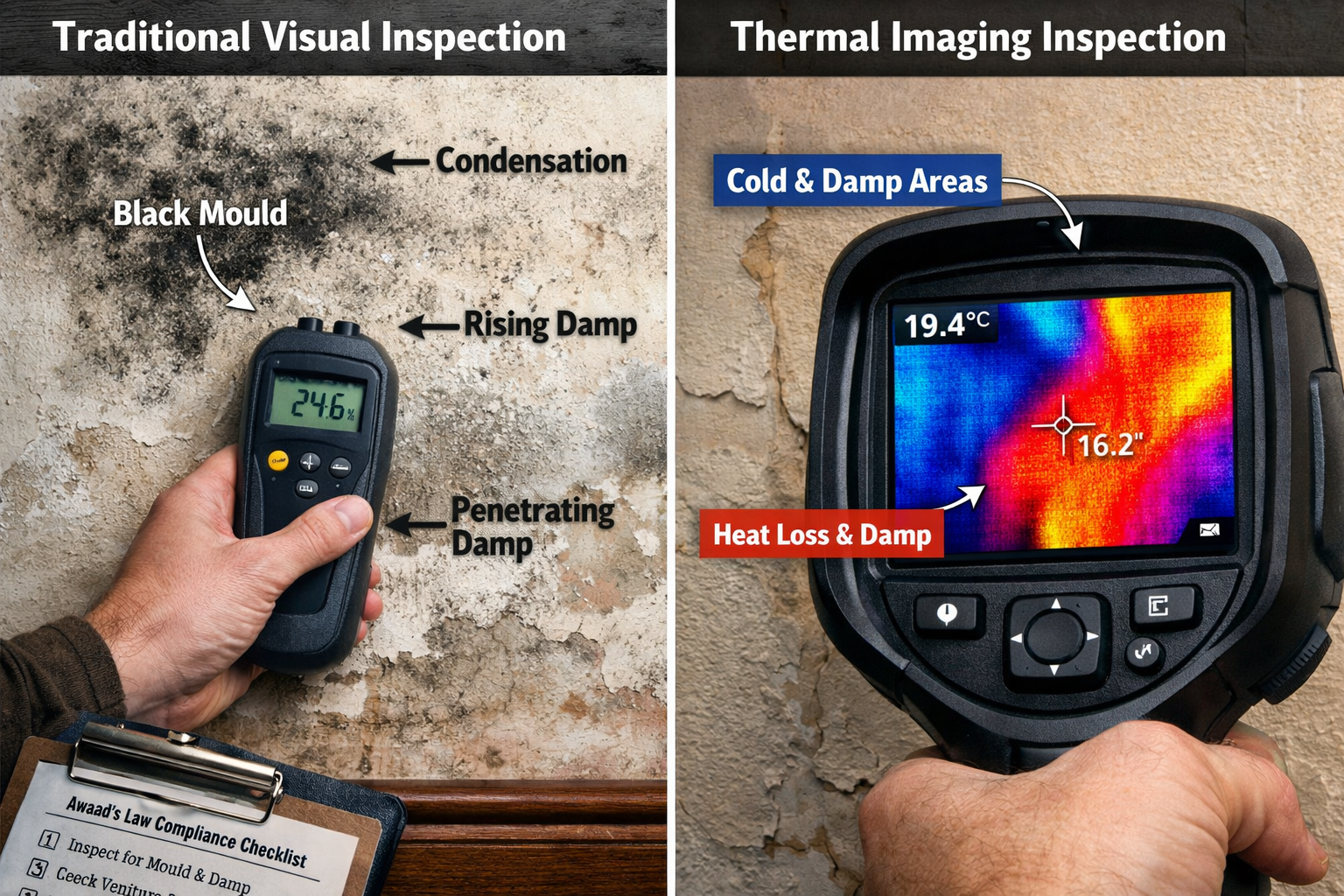 Detailed () image showing close-up split-screen comparison of period property wall inspection techniques. Left side displays