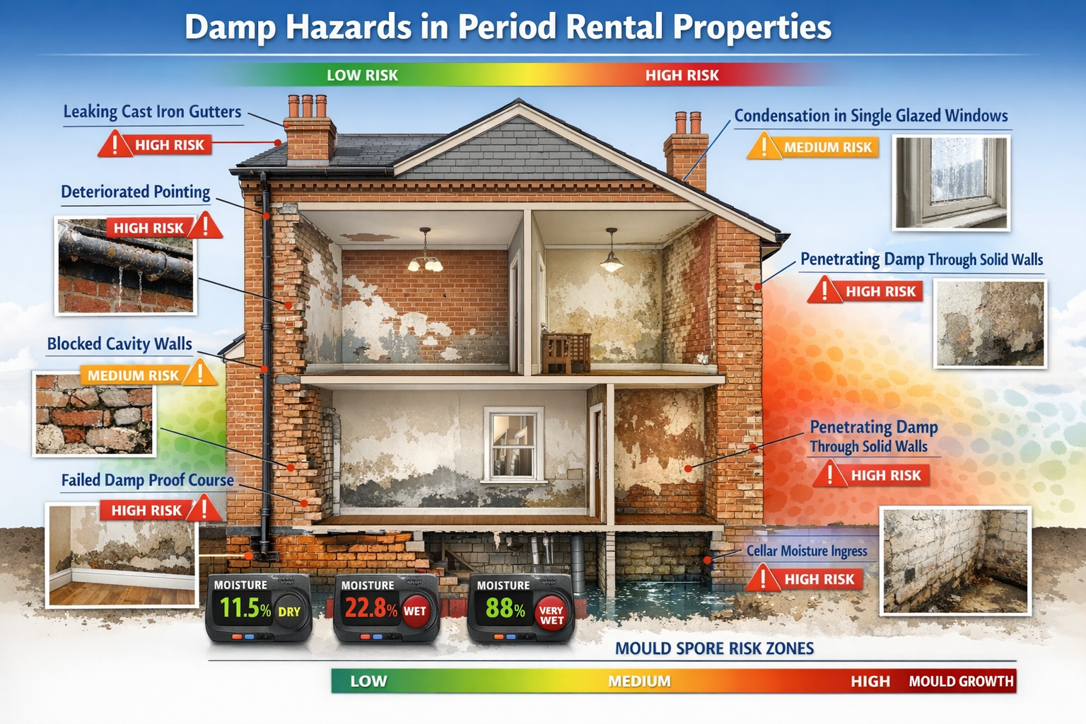 Comprehensive () infographic-style image displaying common damp hazards in period rental properties. Visual layout shows