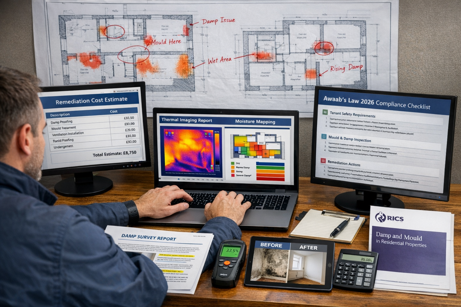 Detailed () image showing professional building survey documentation process for period property damp assessment. Scene
