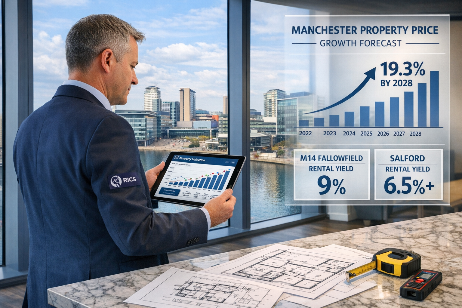 Detailed landscape format (1536x1024) editorial image showing professional RICS chartered surveyor in business attire conducting property va