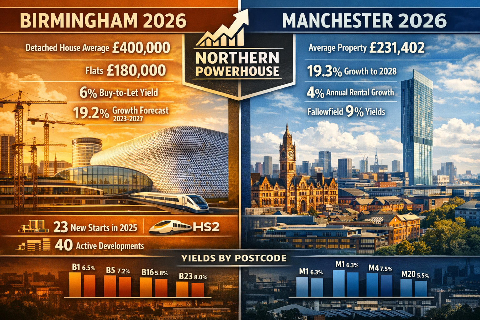 Detailed landscape format (1536x1024) professional infographic-style image displaying side-by-side comparison of Birmingham and Manchester p