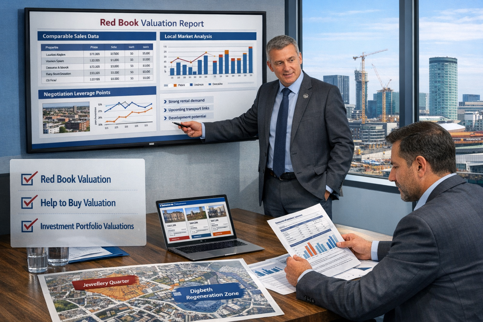 Detailed landscape format (1536x1024) professional scene showing business meeting between property investor and RICS valuation surveyor in m