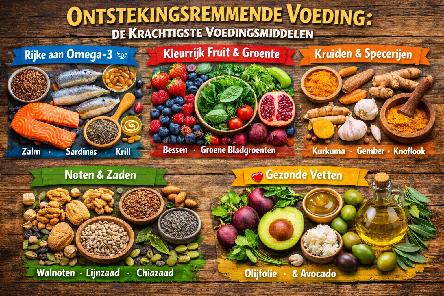 Vibrant landscape composition (1536x1024) displaying comprehensive visual guide to anti-inflammatory foods organized in color-coded sections