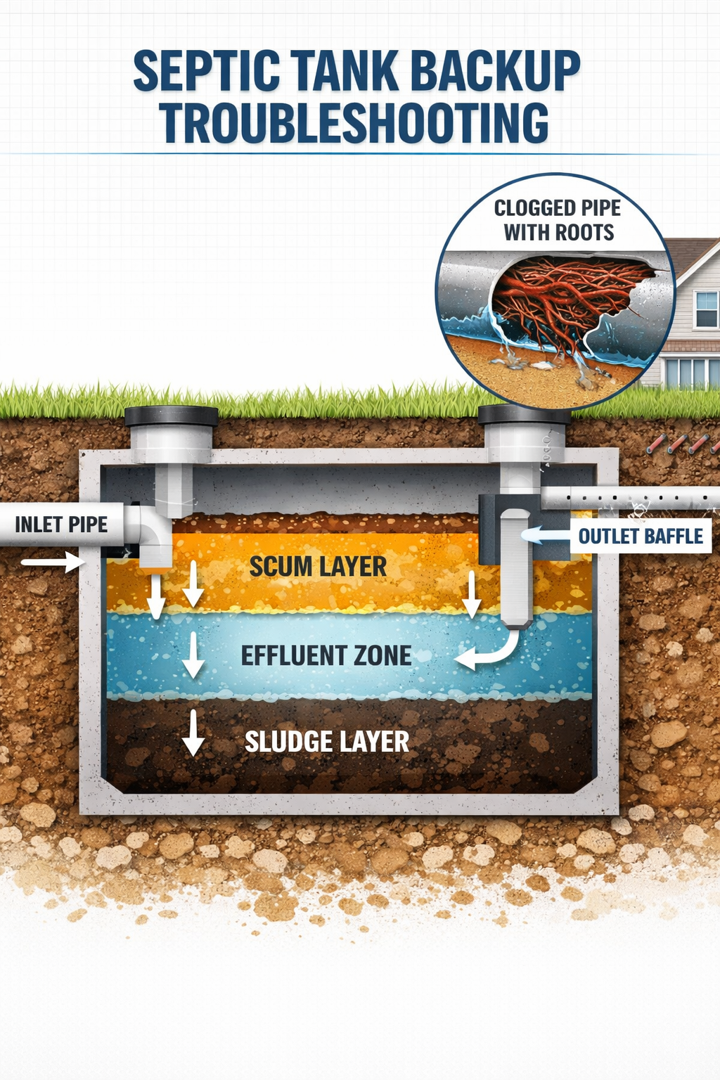 () editorial illustration showing a cross-section diagram of a residential septic tank system with labeled parts: inlet