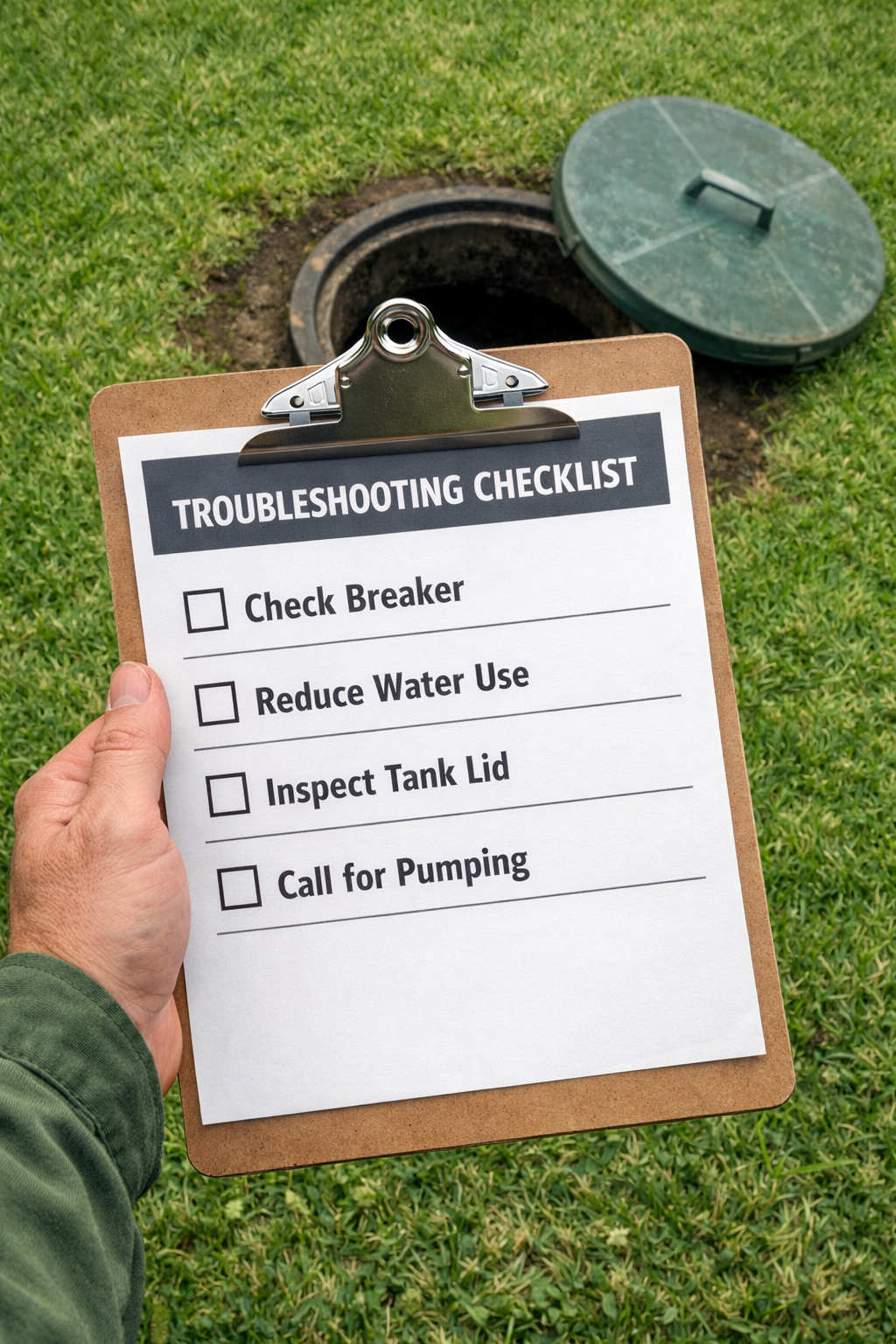 () editorial photo-illustration showing a step-by-step troubleshooting checklist on a clipboard held by a homeowner in a