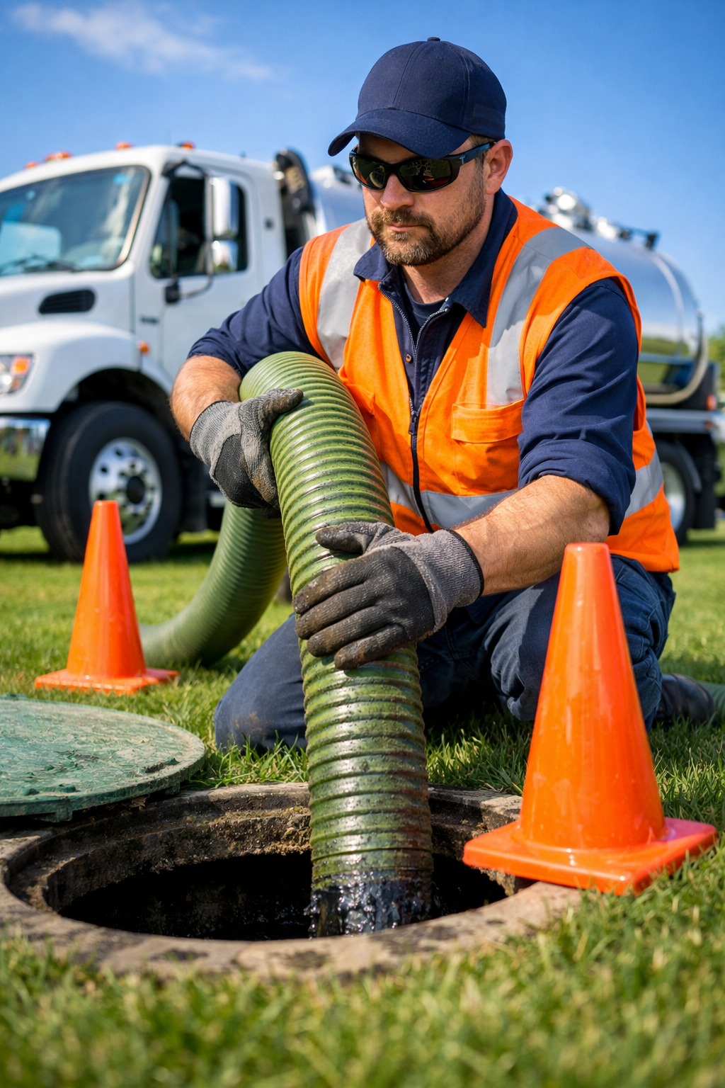 () close-up editorial photograph of a professional septic technician in orange safety vest using a vacuum pump hose inserted