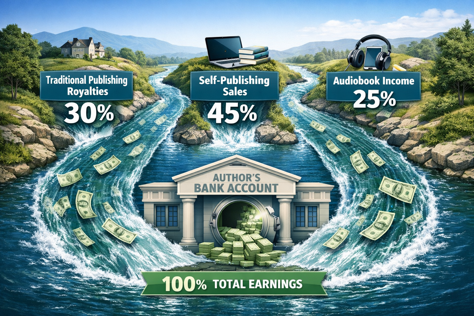 () detailed infographic showing book revenue streams as flowing money rivers: traditional publishing royalties as one