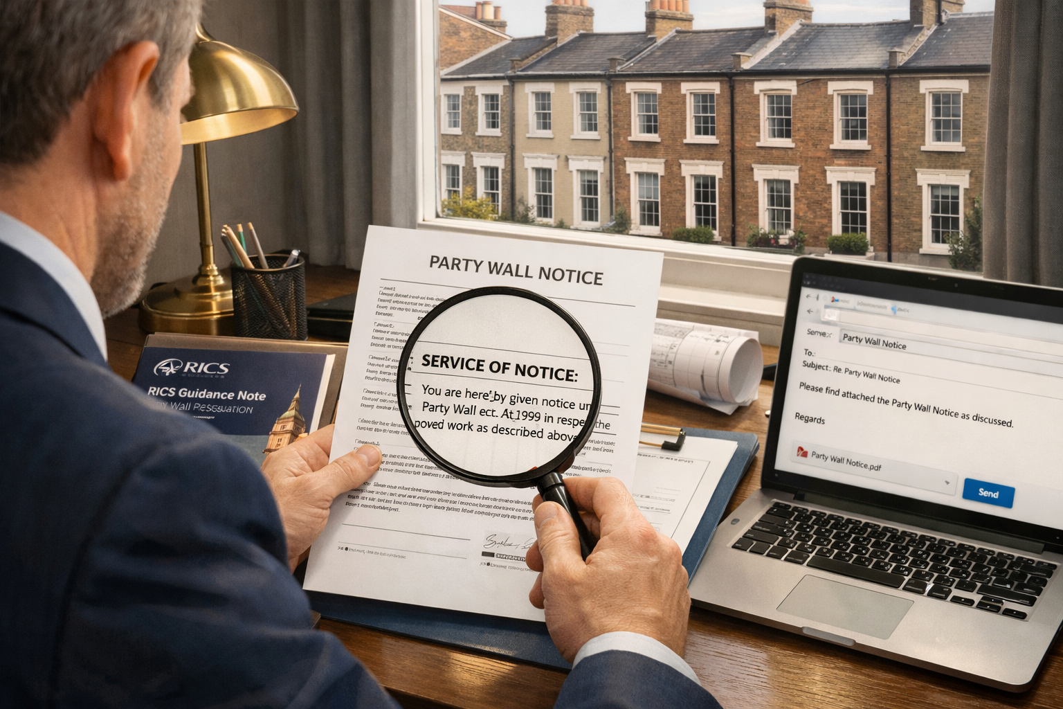 () detailed scene showing a party wall surveyor at a desk in a London office, reviewing a formal party wall notice document