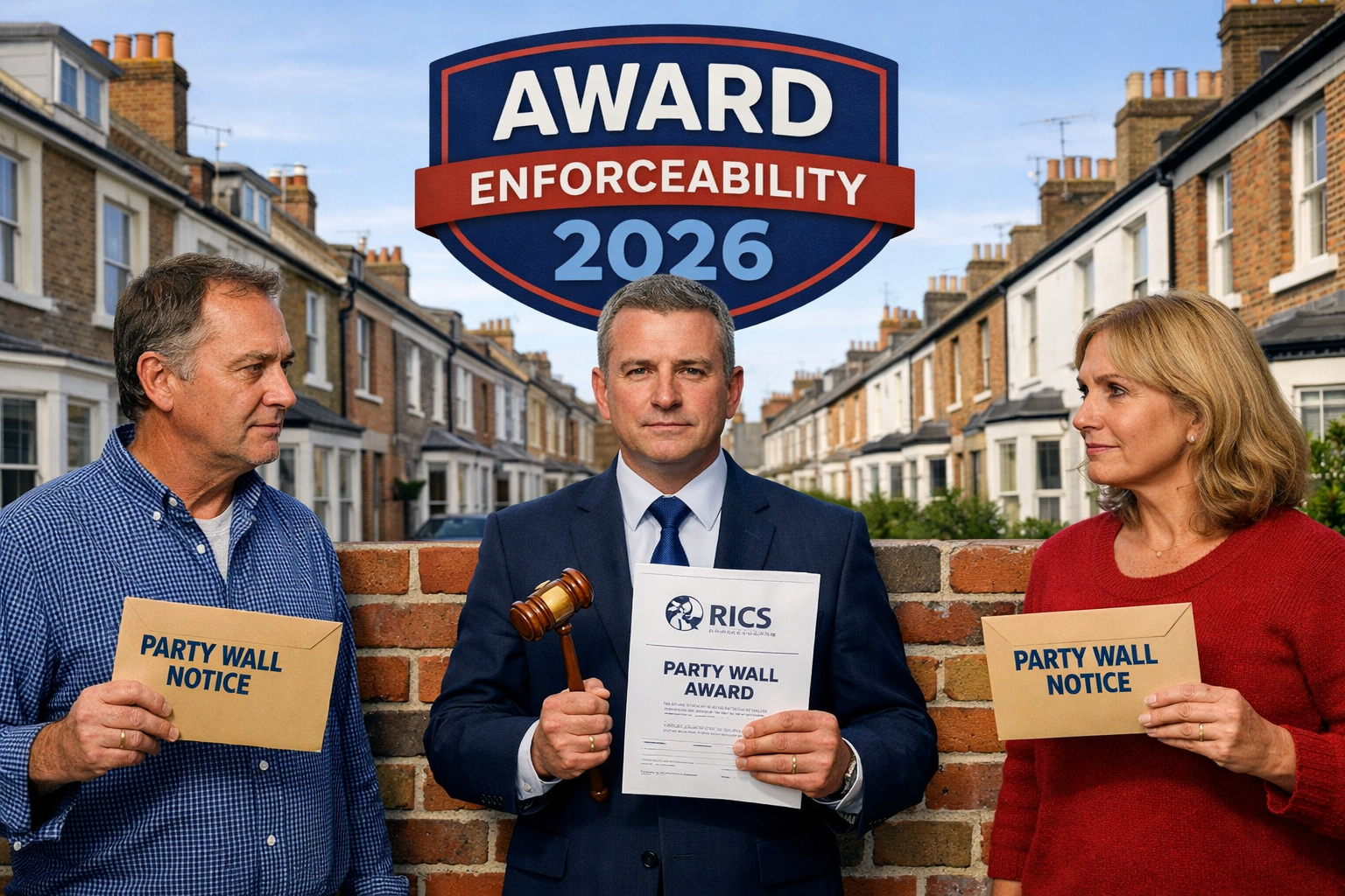 () conceptual image showing two adjacent property owners on opposite sides of a brick party wall, each holding official