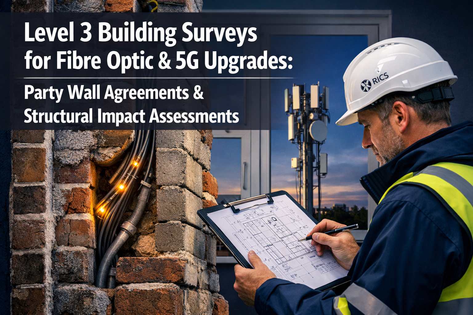 Professional () hero image with : 'Level 3 Building Surveys for Fibre Optic & 5G Upgrades: Party Wall Agreements &