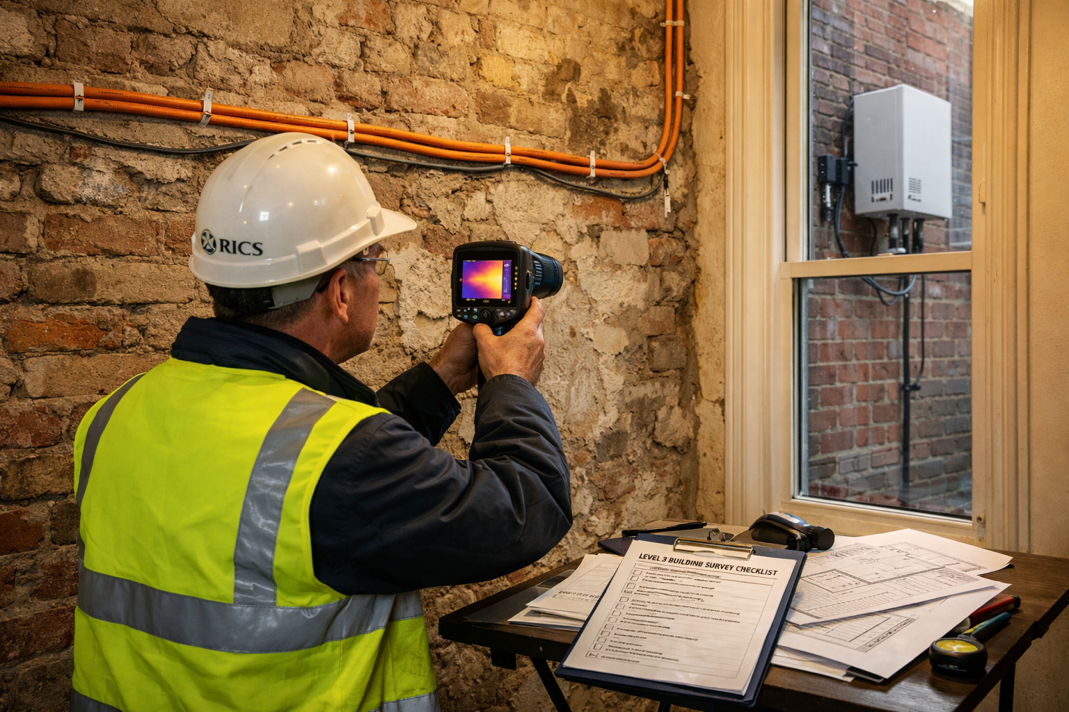 Wide-angle editorial photograph of a RICS chartered surveyor in a hard hat and hi-vis vest using a thermal imaging camera to