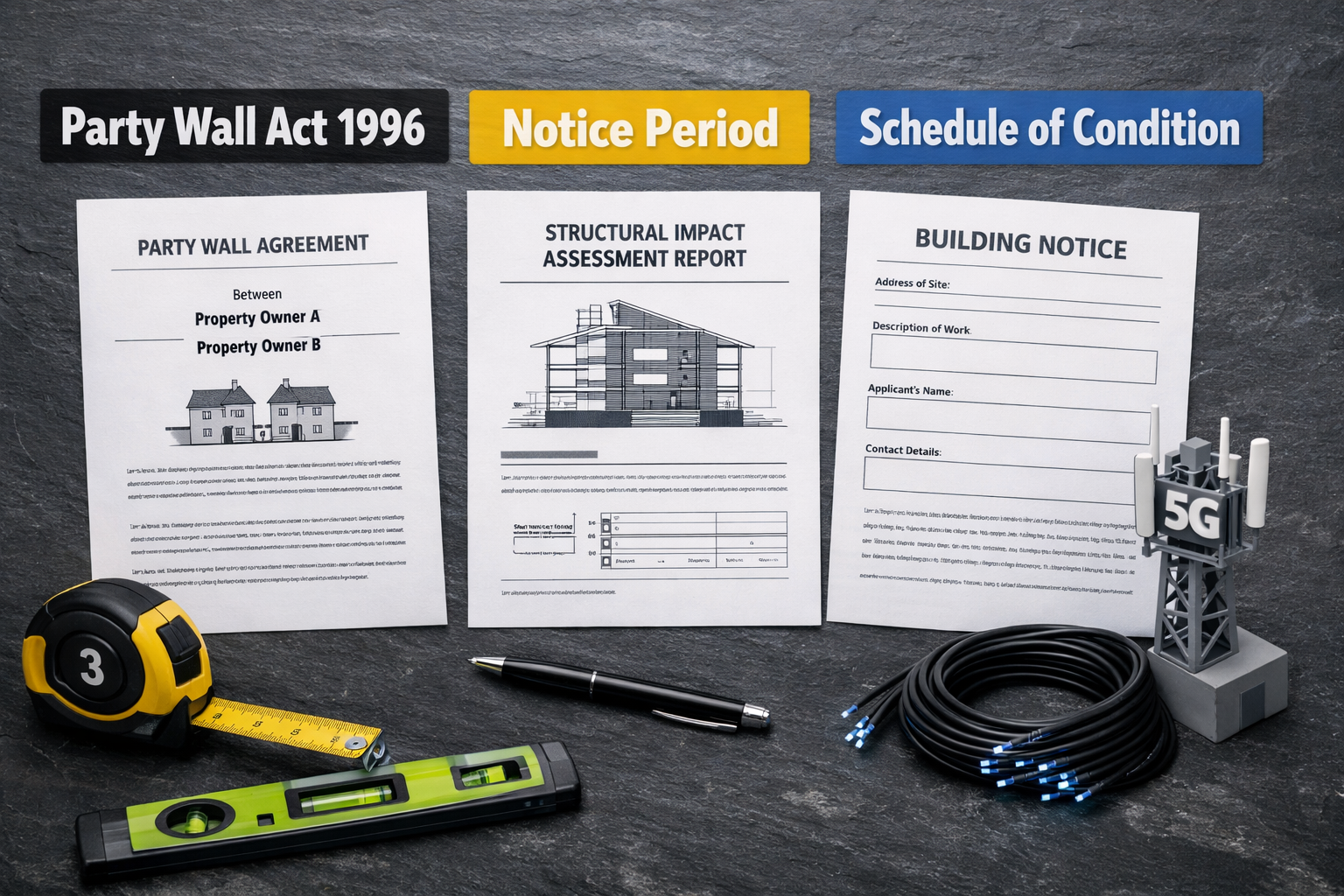 Overhead flat-lay infographic-style image showing a party wall agreement document, a structural impact assessment report,