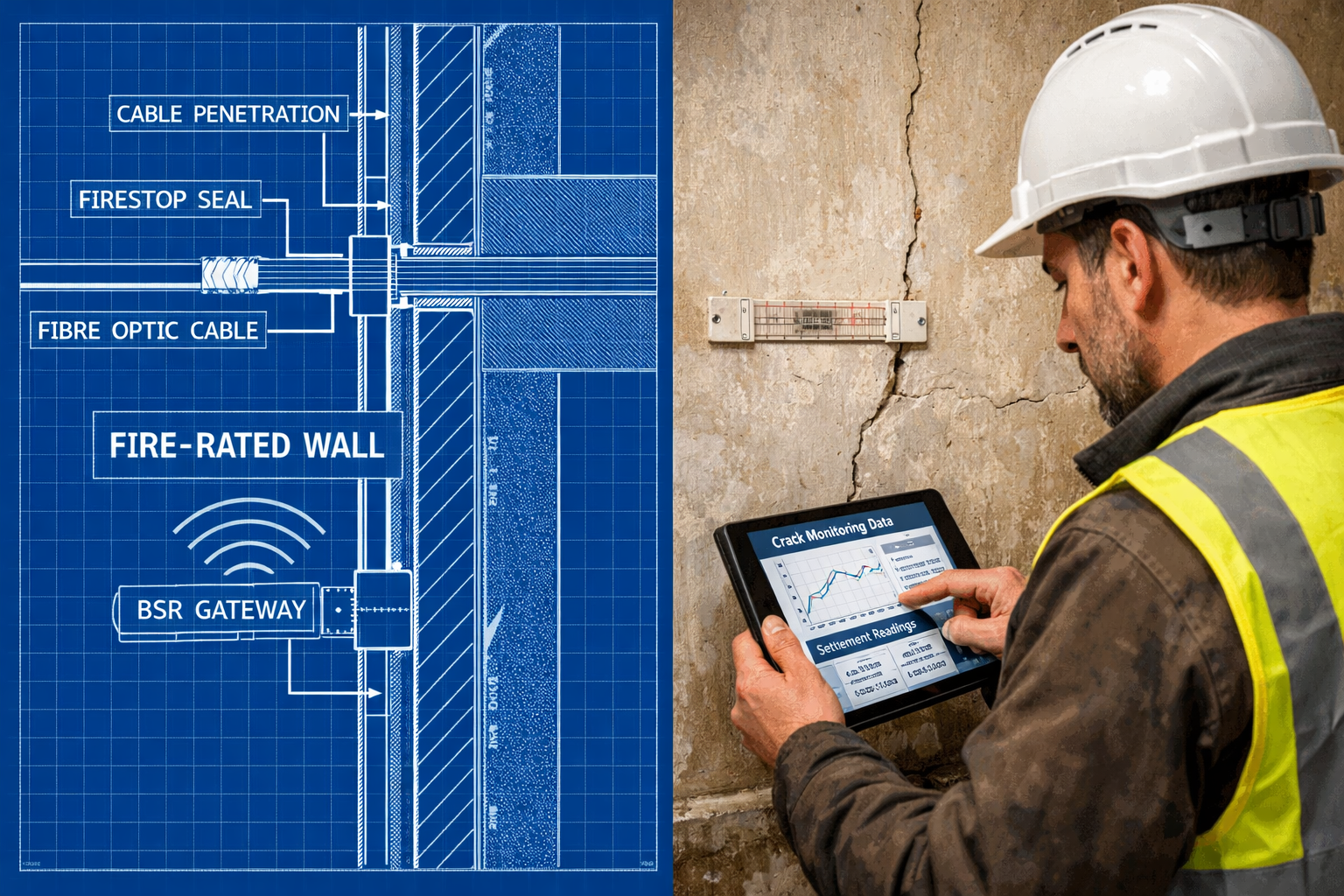 Split-panel editorial illustration showing left side: a cross-section diagram of a building wall with drilling penetrations