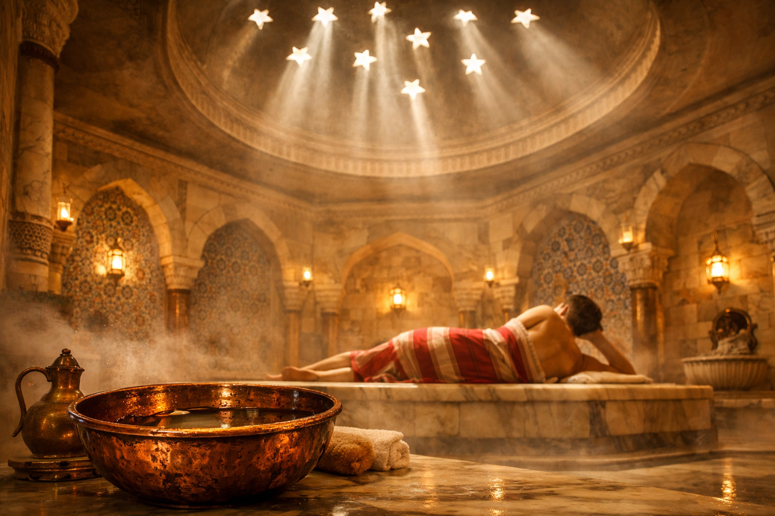 () editorial photograph of a traditional Turkish hammam interior with ornate marble walls, domed ceiling with star-shaped