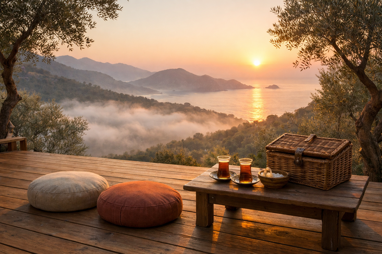 () serene outdoor scene at a boutique digital detox retreat in rural Turkey, showing a wooden yoga deck perched on a