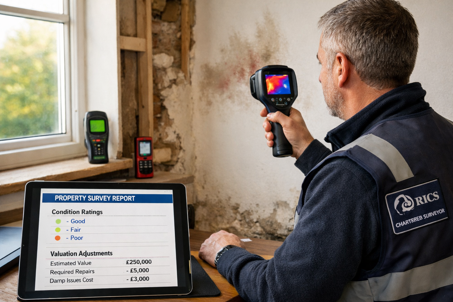 () professional photograph of RICS chartered surveyor conducting detailed interior property inspection in modern UK home.