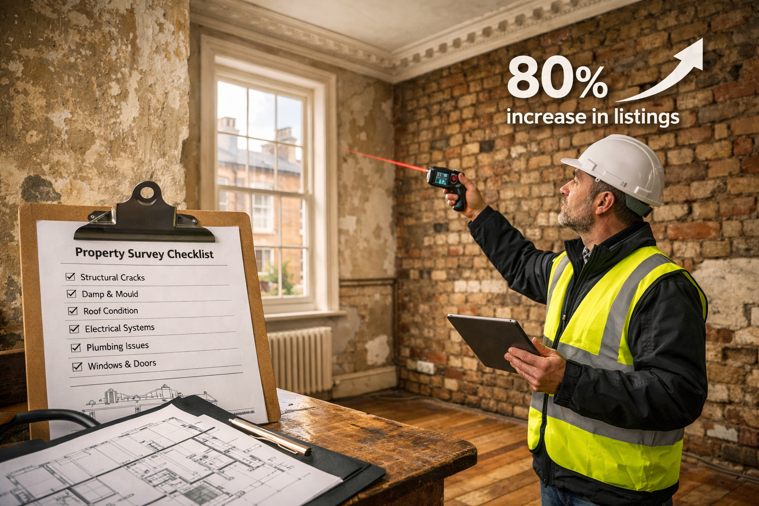 Detailed () image showing professional surveyor conducting building inspection inside London Victorian property. Scene