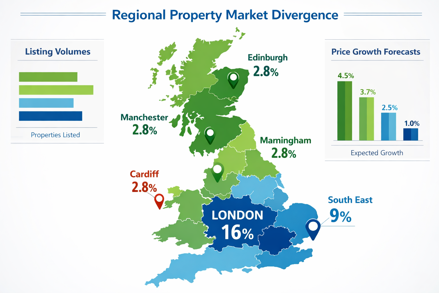 Detailed () infographic-style image displaying UK regional property market map with color-coded heat zones showing market