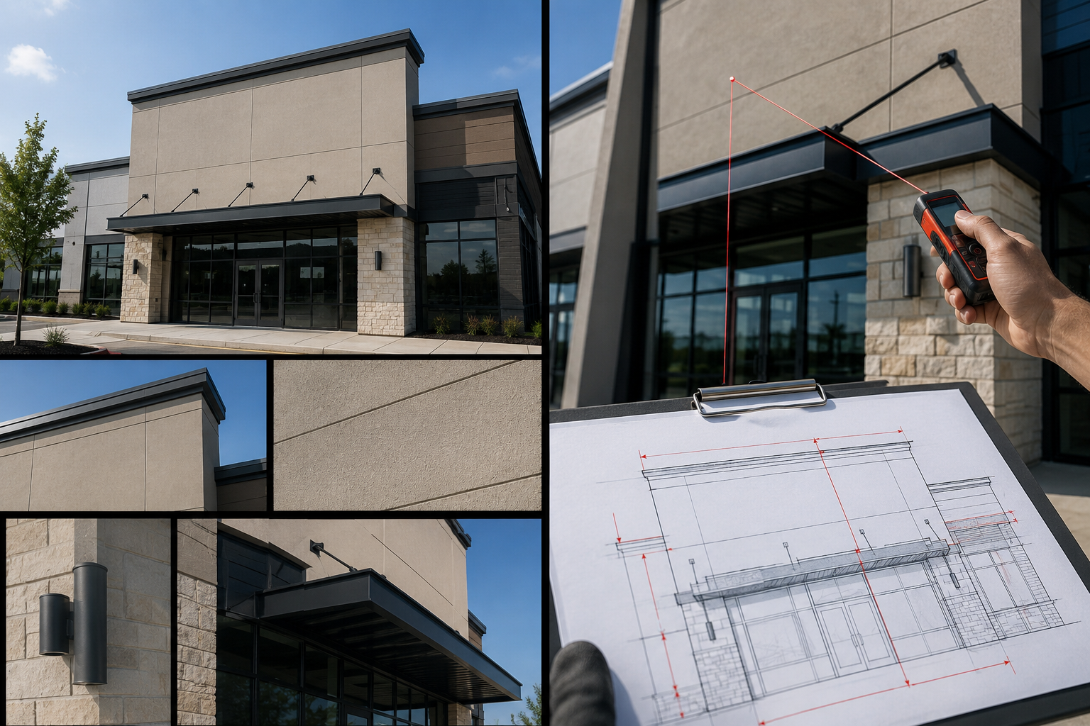 Split editorial view: on the left, storefront facade photos from multiple angles including mounting-surface close-ups and scale shots; on the right, precise measurements captured with a laser measure and marked on a blueprint overlay.