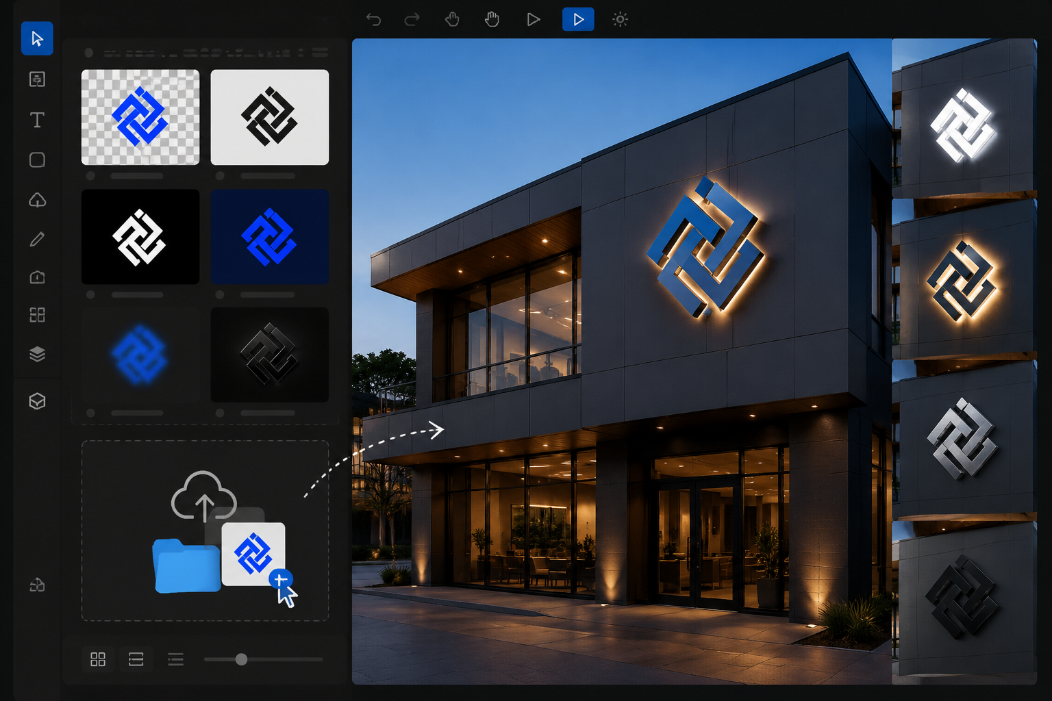 Conceptual digital design studio interface: a drag-and-drop panel where vector and raster logo files are uploaded, alongside an AI-assisted mockup forming on a building facade that shows front-lit and halo-lit options and acrylic and metal textures.
