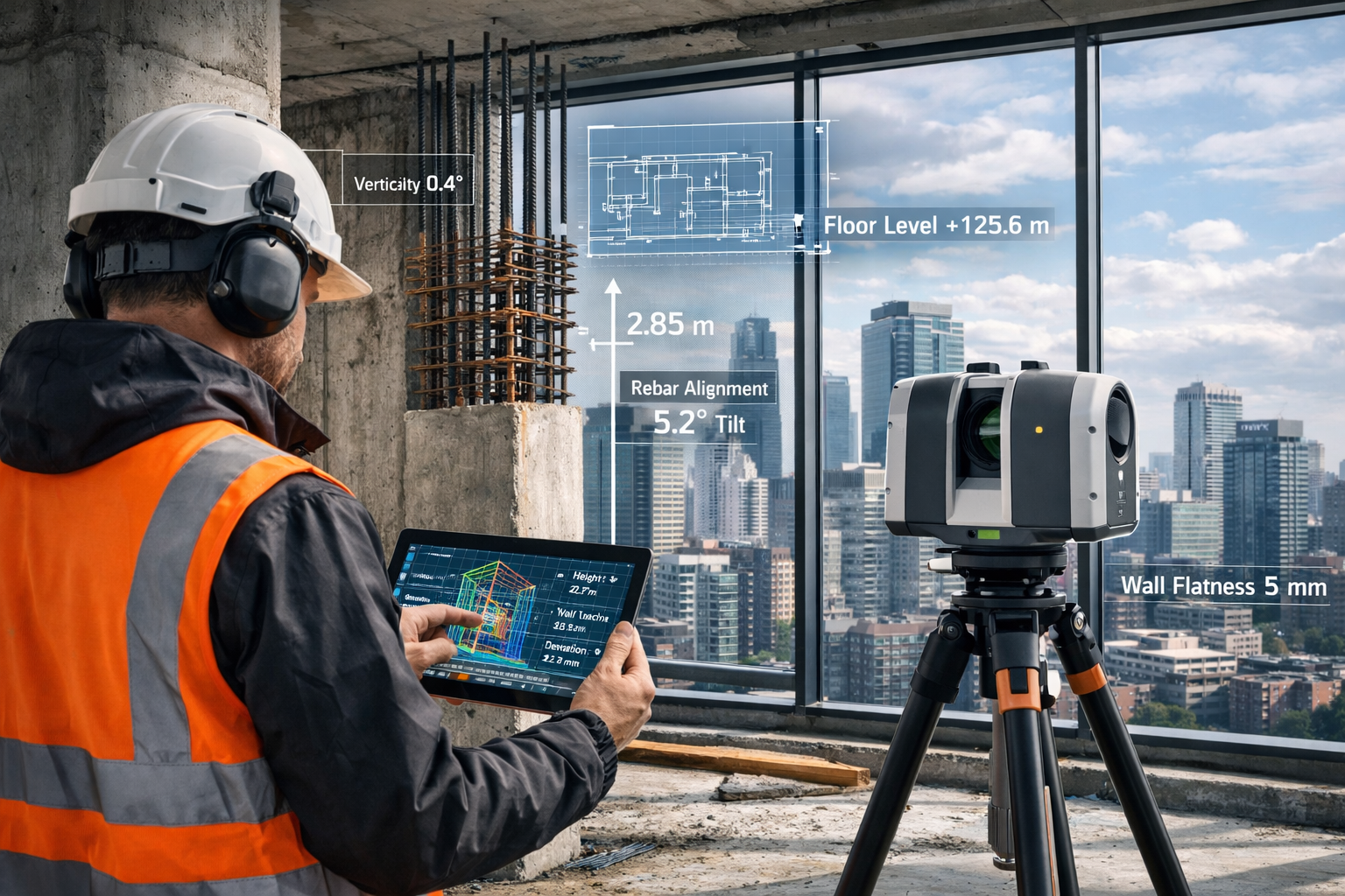 Detailed () image showing professional surveyor conducting high-rise building assessment on elevated floor with