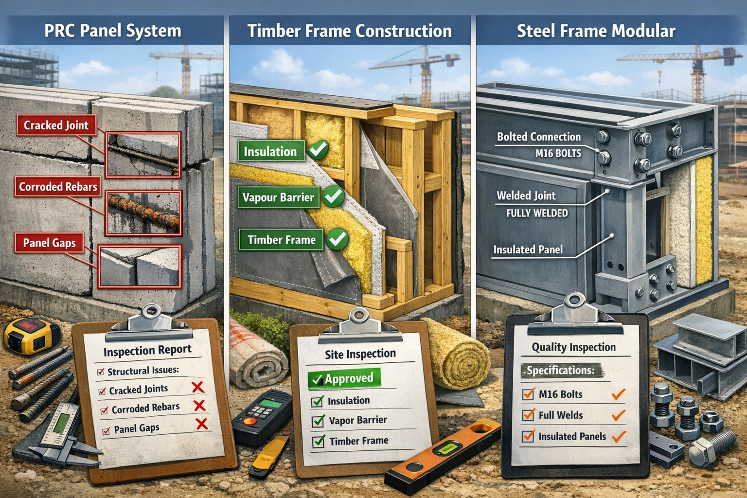 Detailed () image displaying cross-section comparison of three distinct non-standard construction types side by side. Left