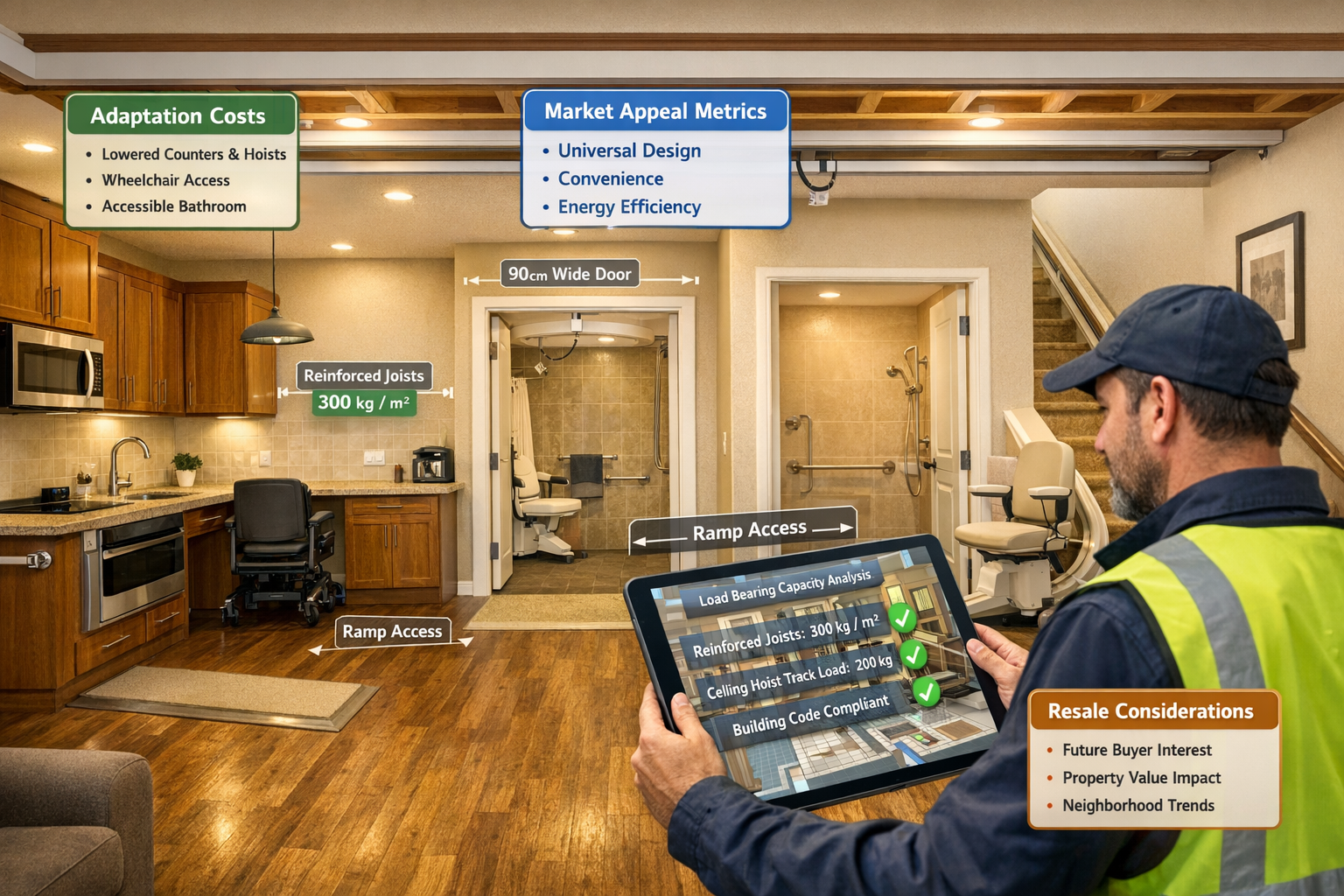 Detailed () image showing accessible adapted home interior with surveyor conducting detailed assessment. Wide-angle view of