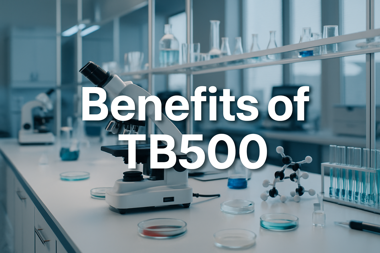 Professional landscape laboratory image (1536x1024) with bold text overlay 'Benefits of TB500' in 70pt white sans-serif font with dark shado