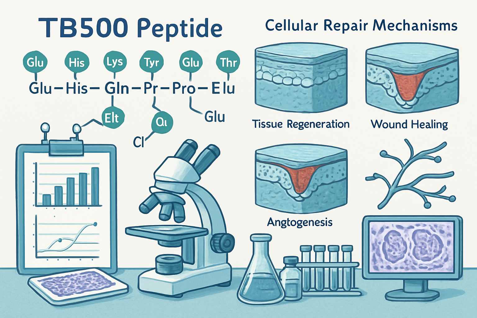 Scientific illustration showing TB500 peptide molecular structure with highlighted amino acid sequences, cellular repair mechanisms depicted