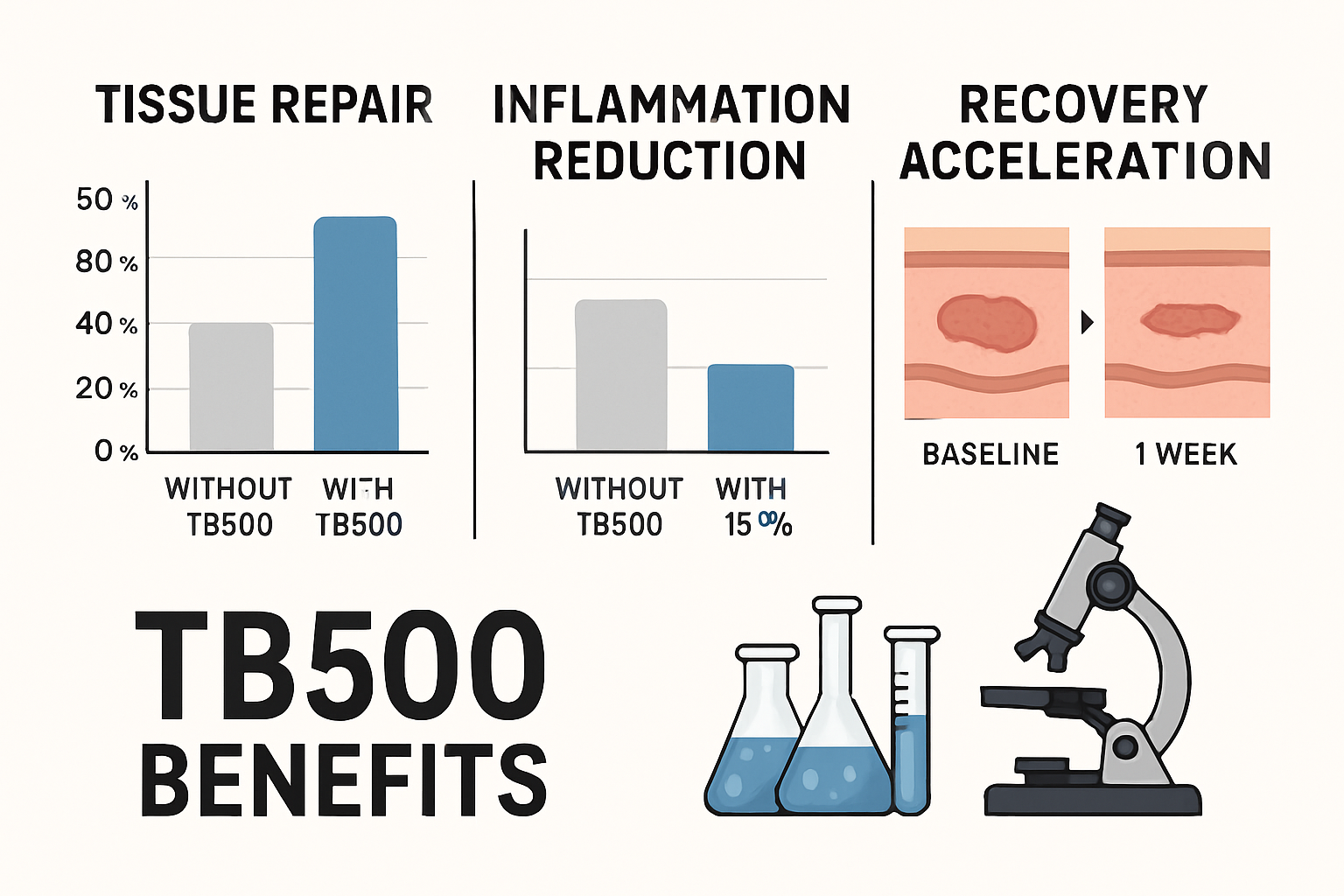 Comparative research chart displaying TB500 benefits across multiple categories including tissue repair, inflammation reduction, and recover