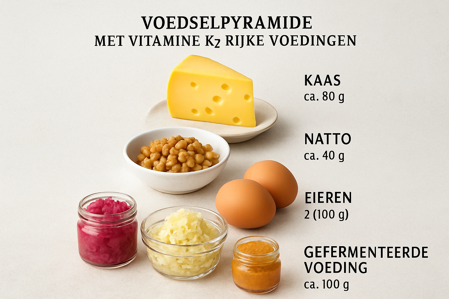 Colorful food pyramid showing vitamin K2 rich foods with portion sizes, featuring cheese, natto, eggs, and fermented foods, realistic photog