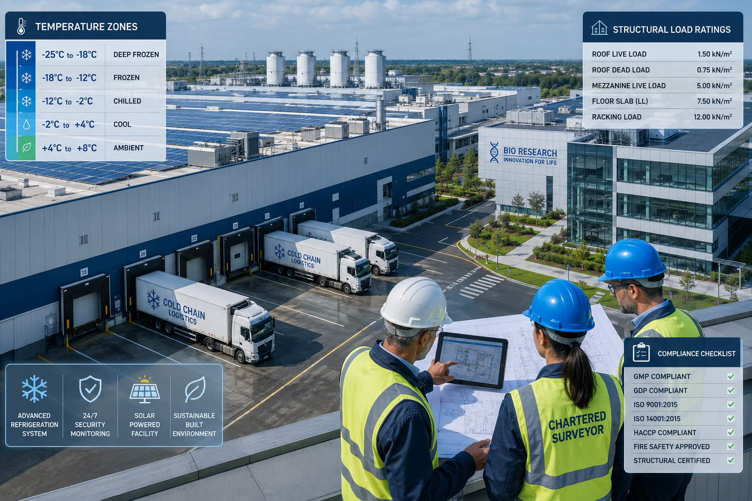 Wide-angle aerial drone perspective of a large cold storage logistics hub and adjacent biotech research campus, showing