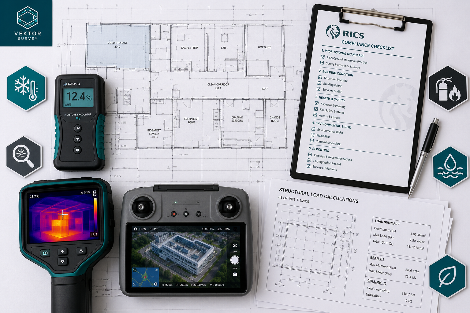Overhead flat-lay composition of a professional surveying toolkit spread on a blueprint drawing of a biotech facility floor